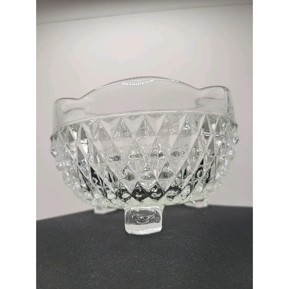 Vintage Indiana Glass Diamond Point Crystal Footed Candy Dis. Scalloped Rim. 5”